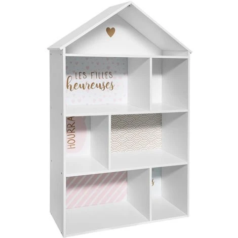 Etagère Enfant Forme Maison 7 Cases Rose - L.73,5 X L.30 X H.114 Cm -PEGANE-