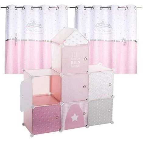 ATMOSPHERA FOR KIDS Meuble Chateau De Rangement Rose + 2 Rideaux Princesse Rose Noeud Brodé – Image 3