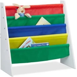 Relaxdays Étagère Enfants, Bibliothèque Chambre, Etagère Rangement Livres, MDF + Polyester, 4 Compartiments, Multicolore
