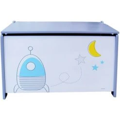 CIJEP Coffre à Jouets En Bois Thème Espace Et Fusées - Blanc, Bleu