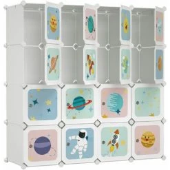 SONGMICS Armoire Modulable, Placard De Rangement Portable, Organisateur Vêtements Enfant, Avec 16 Cubes, 4 Rails Suspendus, 123 X 41 X 123 Cm, Blanc LPC905W01 - Blanc