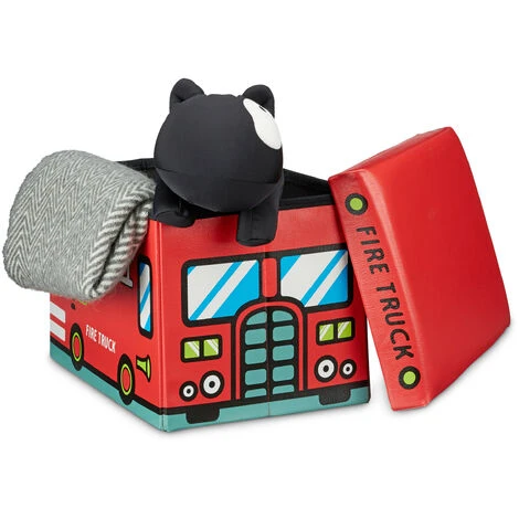 Relaxdays Coffre à Jouets Boîte à Jouets Pliant Tabouret Pouf Enfant Pliable HxlxP: 32 X 48 X 32 Cm Caisse Avec Couvercle En Similicuir Peluche Capacité 37 L Chambre D'enfants, Pompiers