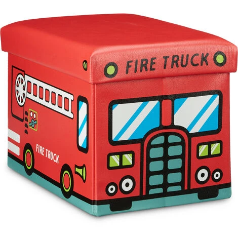 Relaxdays Coffre à Jouets Boîte à Jouets Pliant Tabouret Pouf Enfant Pliable HxlxP: 32 X 48 X 32 Cm Caisse Avec Couvercle En Similicuir Peluche Capacité 37 L Chambre D'enfants, Pompiers – Image 2