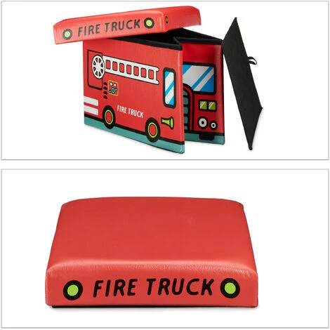 Relaxdays Coffre à Jouets Boîte à Jouets Pliant Tabouret Pouf Enfant Pliable HxlxP: 32 X 48 X 32 Cm Caisse Avec Couvercle En Similicuir Peluche Capacité 37 L Chambre D'enfants, Pompiers – Image 3