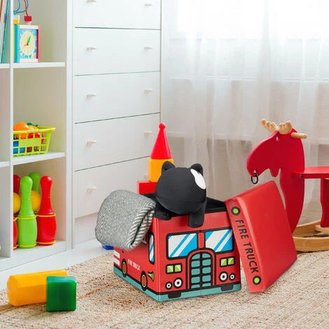 Relaxdays Coffre à Jouets Boîte à Jouets Pliant Tabouret Pouf Enfant Pliable HxlxP: 32 X 48 X 32 Cm Caisse Avec Couvercle En Similicuir Peluche Capacité 37 L Chambre D'enfants, Pompiers – Image 4