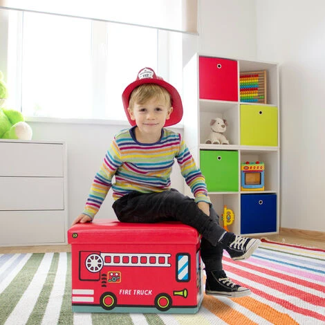 Relaxdays Coffre à Jouets Boîte à Jouets Pliant Tabouret Pouf Enfant Pliable HxlxP: 32 X 48 X 32 Cm Caisse Avec Couvercle En Similicuir Peluche Capacité 37 L Chambre D'enfants, Pompiers – Image 5