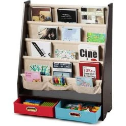 COSTWAY Bibliothèque Pour Enfant Étagère De Rangement Pour Livres Avec 4 Etagères à Bandoulière Et 2 Boîtes Pour Jouets