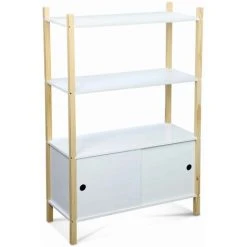ALICE'S GARDEN Etagère Trois Niveaux. Deux Portes Coulissantes TOBIAS - Bois Massif En Pin Naturel Blanc - 70X30X106.5CM - Blanc