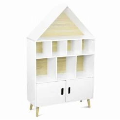 ALICE'S GARDEN Etagère Bibliothèque Maison Pour Enfant - Tobias- Bois Massif En Pin Naturel Blanc - 3 Niveaux. 8 Compartiments. 2 Portes - Blanc