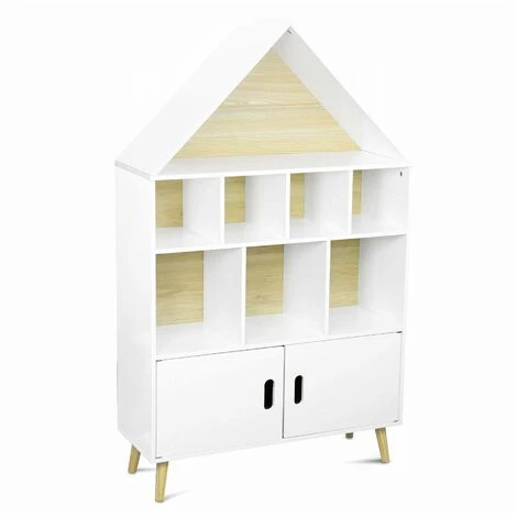 ALICE'S GARDEN Etagère Bibliothèque Maison Pour Enfant - Tobias- Bois Massif En Pin Naturel Blanc - 3 Niveaux. 8 Compartiments. 2 Portes - Blanc