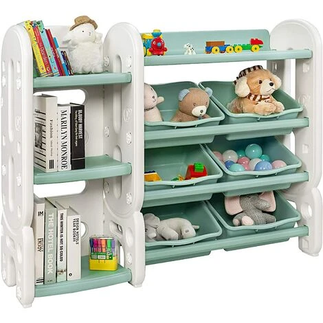 COSTWAY Etagere Pour Jouets Avec Bibliothèque Meuble De Rangement Avec 6 Bacs + 3 Etages, Angles Arrondis Vert