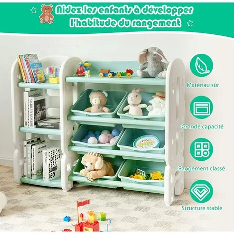 COSTWAY Etagere Pour Jouets Avec Bibliothèque Meuble De Rangement Avec 6 Bacs + 3 Etages, Angles Arrondis Vert â Image 2
