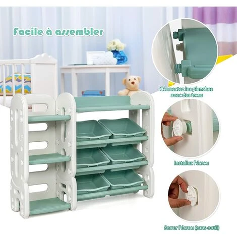COSTWAY Etagere Pour Jouets Avec Bibliothèque Meuble De Rangement Avec 6 Bacs + 3 Etages, Angles Arrondis Vert â Image 3