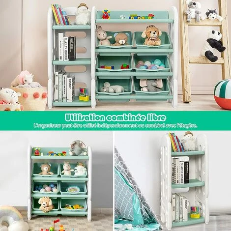 COSTWAY Etagere Pour Jouets Avec Bibliothèque Meuble De Rangement Avec 6 Bacs + 3 Etages, Angles Arrondis Vert â Image 4