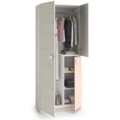 PEGANE Armoire Enfant Avec 2 Portes Coloris Blanc Alpes / Rose - 90 Cm (Longueur) X 200 Cm (Hauteur) X 52 Cm (Profondeur)