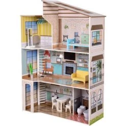 TEAMSON KIDS Maison De Poupée En Bois Enfant 3 étages Avec 17 Accessoires Mobilier Multicolore Méditerranéen Olivia’s Little World TD-13632A - Rose