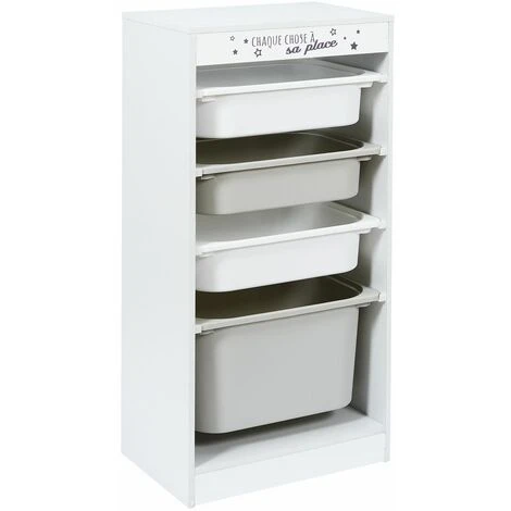 TOILINUX Meuble De Rangement Enfant Tidy à 4 Bacs - Gris Et Blanc - Longueur 45, Profondeur 30, Hauteur 88,50 Cm - Blanc