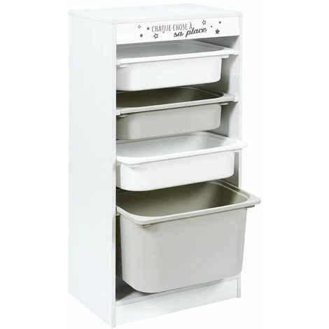 TOILINUX Meuble De Rangement Enfant Tidy à 4 Bacs - Gris Et Blanc - Longueur 45, Profondeur 30, Hauteur 88,50 Cm - Blanc – Image 3