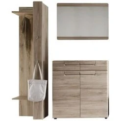 LES TENDANCES Ensemble Meuble D'entrée 3 Pièces Mélaminé Chêne Clair Avec Miroir Aurel