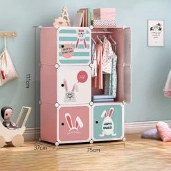 LANGRAY Meuble Rangement Enfant Avec Motifs D'animaux, Support De Rangement, Armoires Etagères Plastiques, Armoire De Rangement Bricolage (Rose, 110 X 75 X 37 Cm)