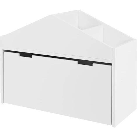 BAMNY Coffre à Jouet Avec Étagère à Livres, Coffre De Rangement, En Bois, Avec Roulettes, Blanc, 70x30x52.5 Cm