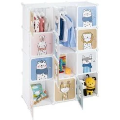 Relaxdays Armoire Chambre D'enfant, Modulable, 2 Tringle à Vêtements, DIY, étagère Animaux, HLP 145x110x37 Cm, Blanc