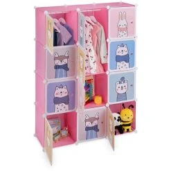 Relaxdays Armoire Chambre D'enfant, Modulable, 2 Tringle à Vêtements, DIY, étagère Animaux, HLP 145x110x37 Cm, Rose