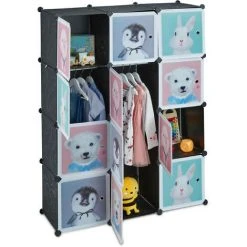 Relaxdays Armoire Chambre D'enfant, Modulable, 8 Cubes, Portes, DIY, étagère Animaux, HLP 145x109x37 Cm, Noir
