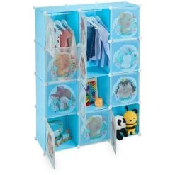 Relaxdays Armoire Chambre D'enfant, Modulable, 2 Tringle à Vêtements, DIY, étagère Animaux, HLP 145x110x37 Cm, Bleu