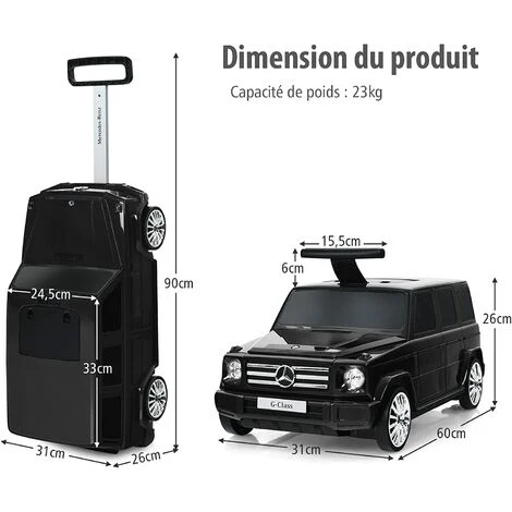 COSTWAY Valise Enfant 6 Roulettes En Forme Voiture Mercedes Benz, Bagage Pour Voyage 60 X 31 X 26 CM Noir â Image 5