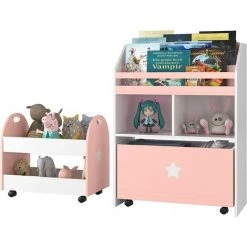AICOK Lot De 2 Étagères D’Enfants Et Petit Chariot Avec Roulettes Bibliothèque Pour Jouets Roulante De Chambre D’Enfants Coffre De Rangement Pour Jouets En Bois (Rose)