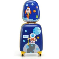 COSTWAY Lot De 2 Bagages Enfants Avec Valise à Coque Rigide Enfant à Roulette 40,6 CM + Sac à Dos 30,5 CM, Avec Poignée Rétractable Astronaute
