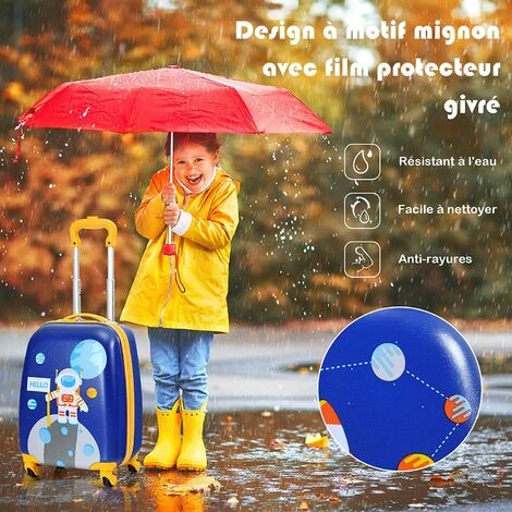 COSTWAY Lot De 2 Bagages Enfants Avec Valise à Coque Rigide Enfant à Roulette 40,6 CM + Sac à Dos 30,5 CM, Avec Poignée Rétractable Astronaute – Image 2