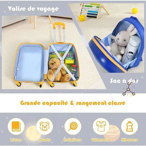 COSTWAY Lot De 2 Bagages Enfants Avec Valise à Coque Rigide Enfant à Roulette 40,6 CM + Sac à Dos 30,5 CM, Avec Poignée Rétractable Astronaute – Image 3