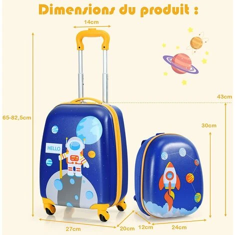 COSTWAY Lot De 2 Bagages Enfants Avec Valise à Coque Rigide Enfant à Roulette 40,6 CM + Sac à Dos 30,5 CM, Avec Poignée Rétractable Astronaute – Image 4