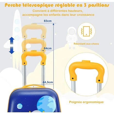 COSTWAY Lot De 2 Bagages Enfants Avec Valise à Coque Rigide Enfant à Roulette 40,6 CM + Sac à Dos 30,5 CM, Avec Poignée Rétractable Astronaute – Image 5