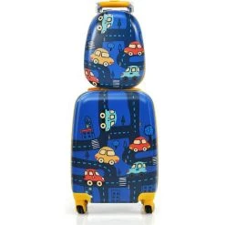 COSTWAY Lot De 2 Bagages Enfants Avec Valise à Coque Rigide Enfant à Roulette 45,7 CM + Sac à Dos 30,5 CM, Avec Poignée Rétractable Voiture