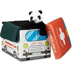 Relaxdays Coffre à Jouets Boîte à Jouets Pliant Tabouret Pouf Enfant Pliable HxlxP: 32 X 48 X 32 Cm Caisse Avec Couvercle En Similicuir Peluche Capacité 37 L Chambre D'enfants, Ambulance