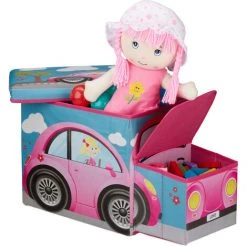 Relaxdays Tabouret Coffre à Jouets Boîte à Jouets Couvercle Pouf Enfant Pliable Auto Voiture 50 Litres