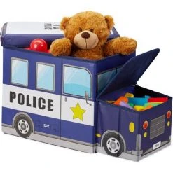 Relaxdays Tabouret Coffre à Jouets Boîte à Jouets Couvercle Pouf Enfant Pliable Auto Voiture 50 Litres