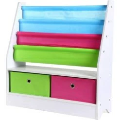 AICOK Bibliothèque En Bois Pour Enfants Bibliothèque Enfant 3 Compartiments+2 Boîtes De Rangement Amovibles Colorées Porte-Revues En Bois MDF 71x23x74 Cm
