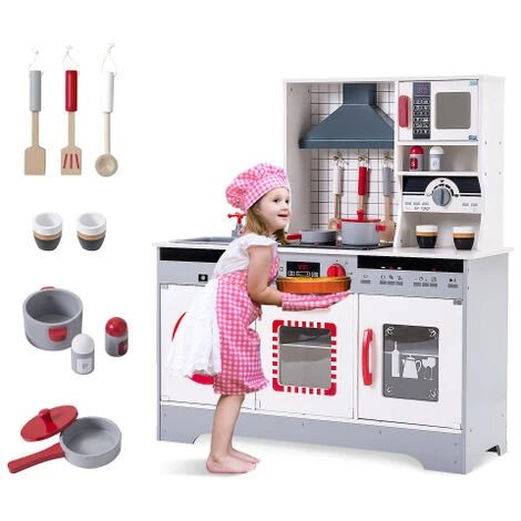 MERAX Cuisine Enfant En Bois, Cuisine Pour Enfants Avec Des Accessoires, 82x 26,5x 90 Cm, Rouge Et Gris