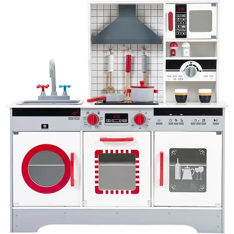 MERAX Cuisine Enfant En Bois, Cuisine Pour Enfants Avec Des Accessoires, 82x 26,5x 90 Cm, Rouge Et Gris – Image 4