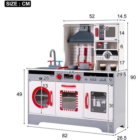 MERAX Cuisine Enfant En Bois, Cuisine Pour Enfants Avec Des Accessoires, 82x 26,5x 90 Cm, Rouge Et Gris – Image 5