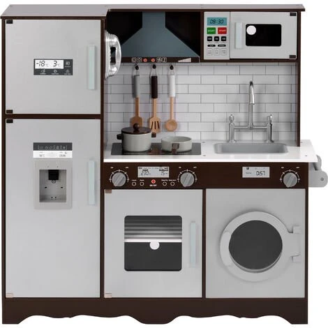 MERAX Cuisine Enfant En Bois, Jeu D'imitation De Cuisine Avec Accessoires, Casseroles, Poêles, Couverts De Cuisine, 90.5x30x93cm, Marron