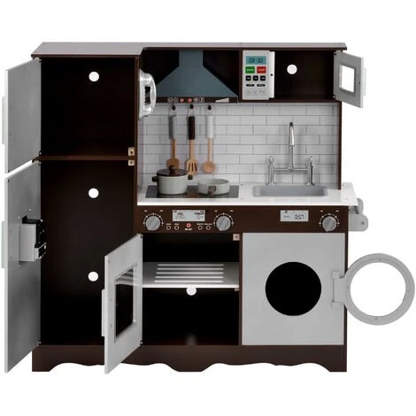 MERAX Cuisine Enfant En Bois, Jeu D'imitation De Cuisine Avec Accessoires, Casseroles, Poêles, Couverts De Cuisine, 90.5x30x93cm, Marron – Image 2