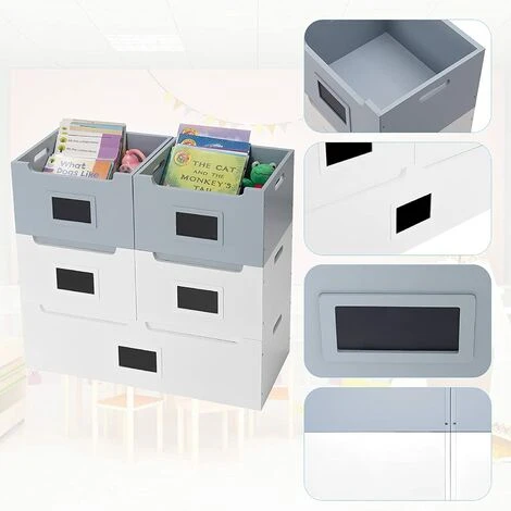 WOLTU Lot De 5 Boîtes De Rangement En MDF. Livres Caisses Cubes Avec Poignées Et Tableau Noir. Blanc Et Gris – Image 3