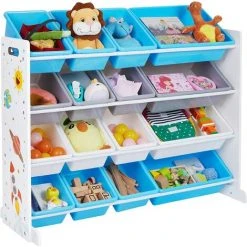 SONGMICS Meuble De Rangement Enfant, Organisateur Jouets 4 Niveaux, Étagère Avec 16 Bacs En Plastique Amovibles, Pour Chambre D'enfant, Salle De Jeux, Salon, Blanc, Bleu Et Gris GKR070W03 - Blanc, Bleu Et Gris