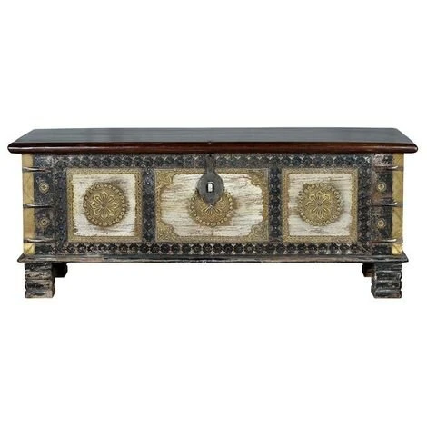 Coffre De Rangement En Bois De Manguier Coloris Noir Vieilli - Longueur 116 X Profondeur 40 X Hauteur 45 Cm -PEGANE-