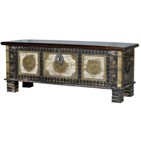 Coffre De Rangement En Bois De Manguier Coloris Noir Vieilli - Longueur 116 X Profondeur 40 X Hauteur 45 Cm -PEGANE- – Image 2